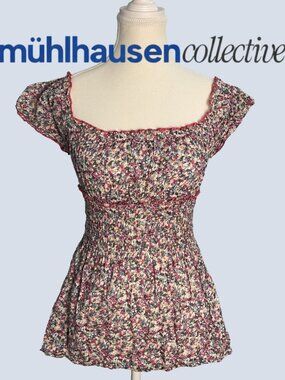 Blue Crush Floral Smocked Babydoll Top Size Small Cottagecore